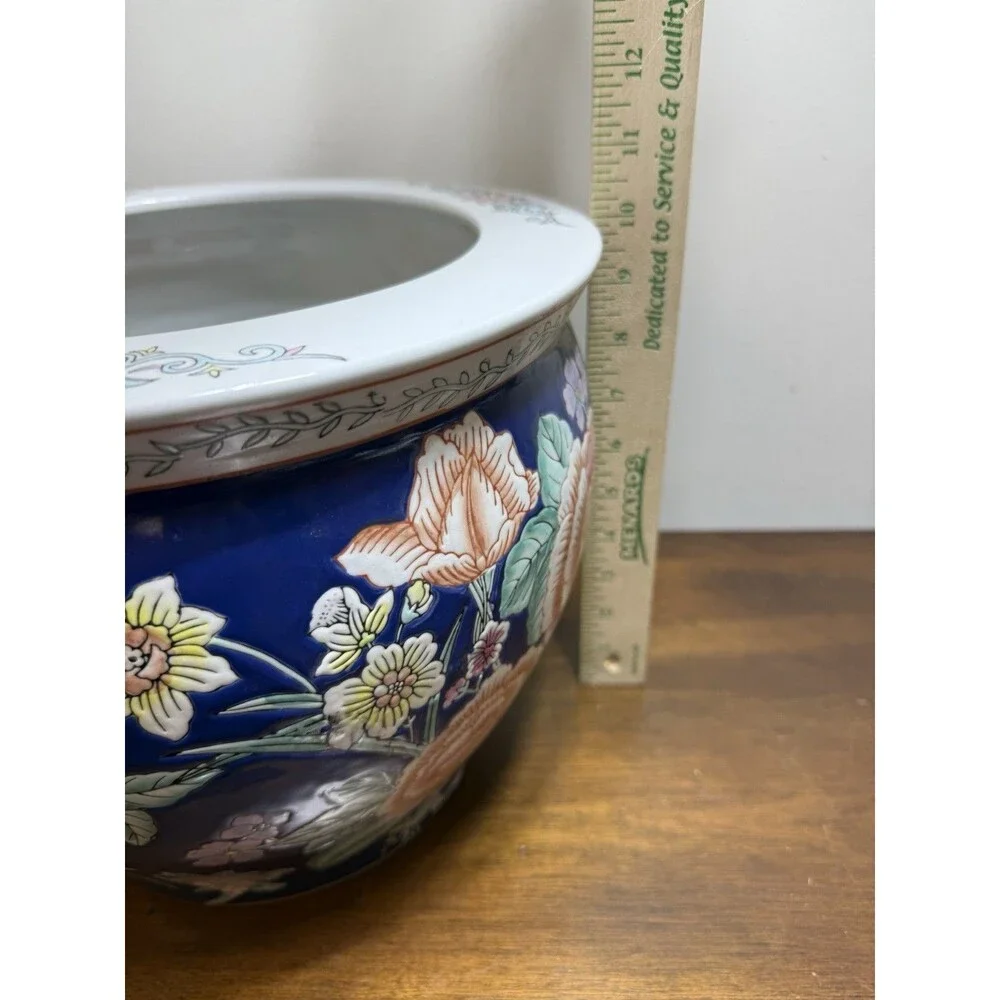 Vintage Porcelain Asian Fish Bowl Planter Pot Koi Chinoiserie 12x10 Blue Floral